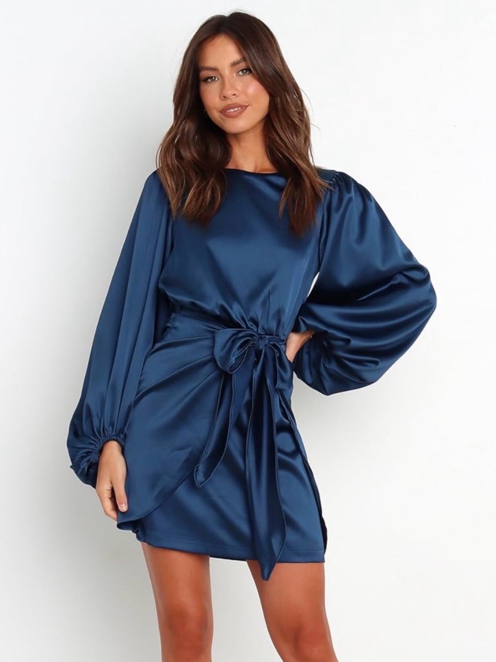 NWOT Women’s Satin Balloon-Sleeve Mini Dress in Deep Blue